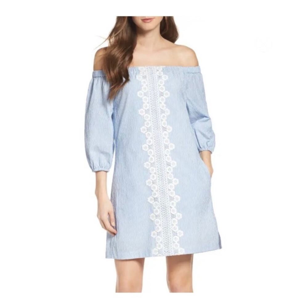 NEW Eliza J Seersucker Off Shoulder Shift Dress 18W Blue White Lace Preppy